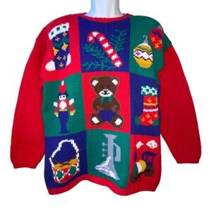 VINTAGE 80s May Company Christmas Classics Color Busy Blocks Ugly Sweater Size M